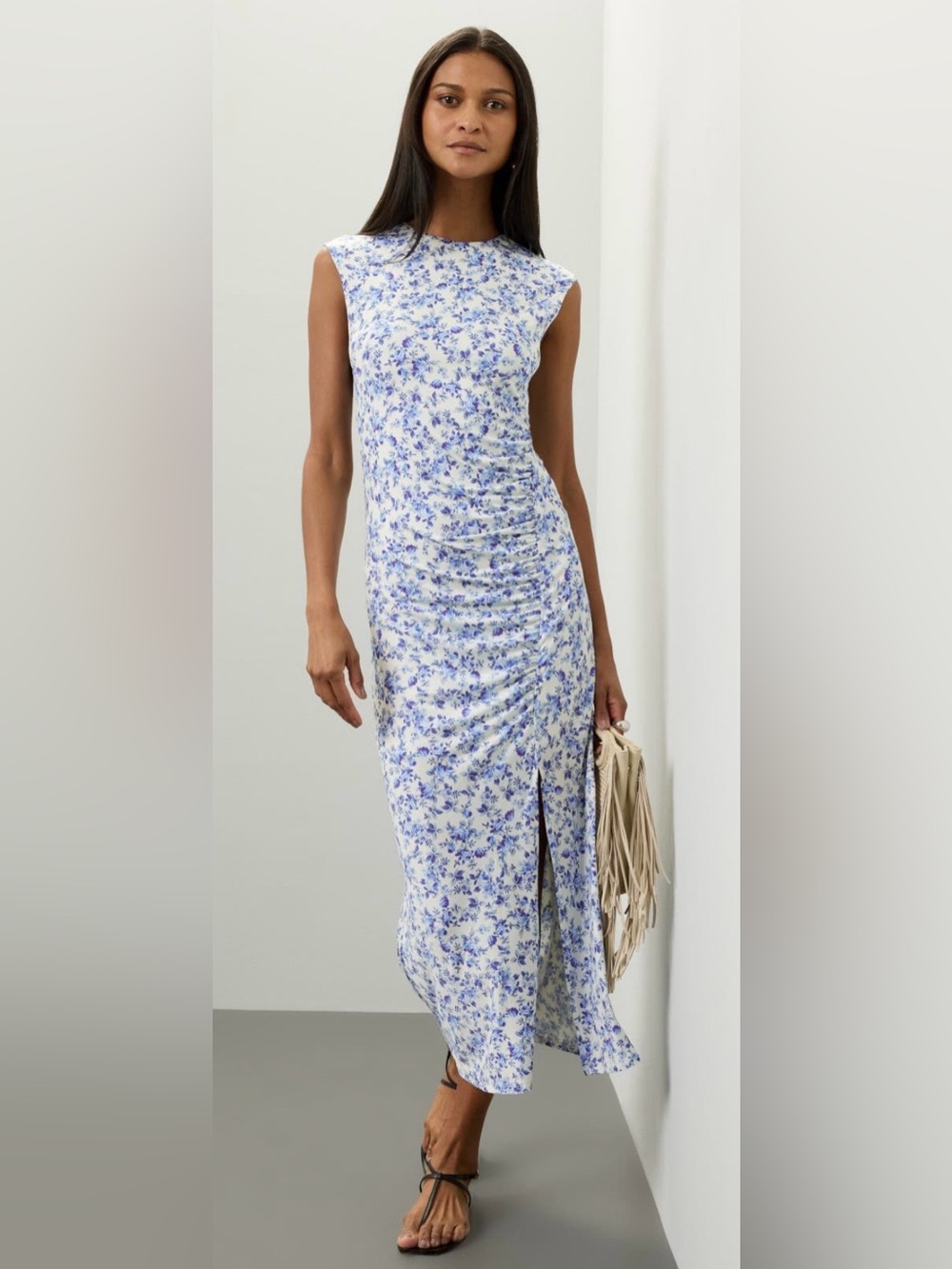 Maje Blue and White Sleeveless Ruched Floral Midi Dress